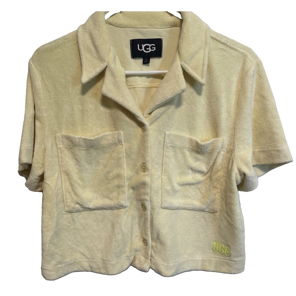 UGG Women's Saniyah Short Sleeve Button Down Shirt Yellow Sz Medium